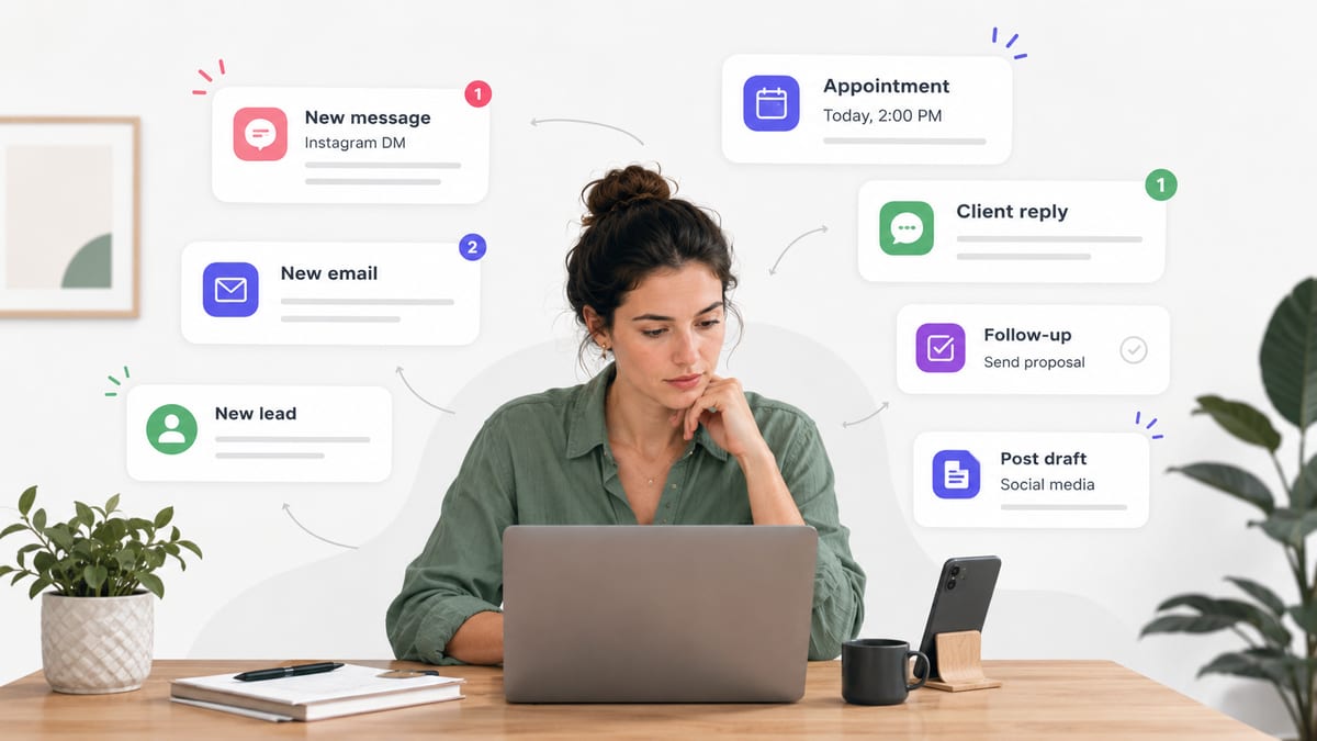 Solo business owner managing messages, content, and client follow-up across multiple platforms